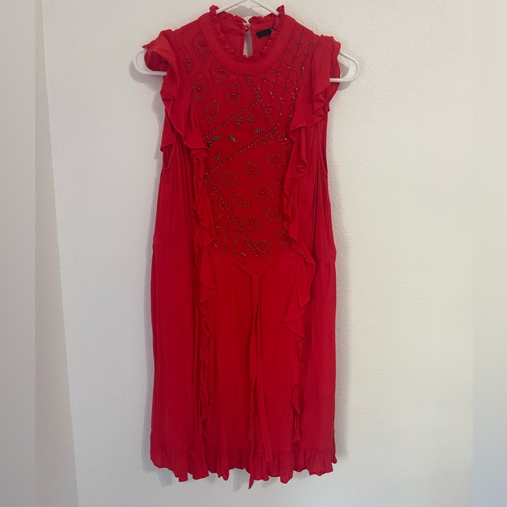 Guess red ruffled dress with gold beading, Size S